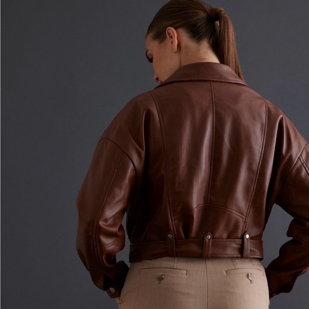 Avec Les Filles Anthropologie Brown Faux Leather Cropped Jacket Sz S - Picture 3 of 12